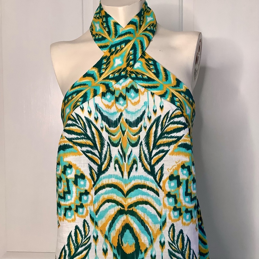 FARM RIO Blue/Greens & Cream Beads Tropical Tapestry Linen Halter Maxi Sundress - Picture 2 of 16